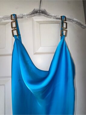 Turquoise Satin Cowl Neck Slip Dress with Gold Chain Straps